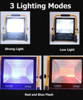 Legit Heavy 100W Portable LED Flood Light With Solar Panel And Rechargeable Battery IP65 Waterproof showing 3 lighting modes.
