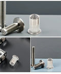 Stainless Steel Pro Grade Rivet Nut Kit 70 Pack Flat Head Threaded Inserts for Machinery, Furniture and Electronics displayed on table