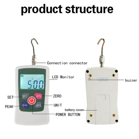 Digital Force Meter 100N High Precision Push Pull Tester showing product structure with LCD monitor and buttons.