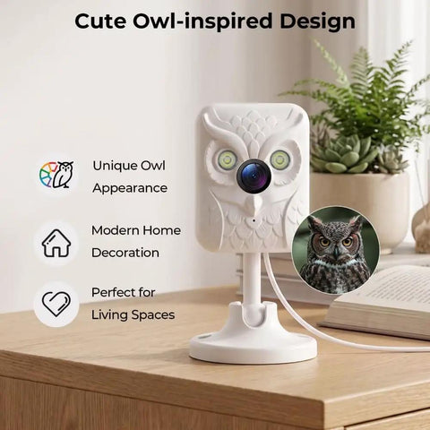 Crisp 2K Indoor Security Camera With Dual Band WiFi And Full Color Night Vision on a shelf in owl design, ideal for home decor.