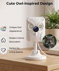 Keep Your Place Secure Hella Sharp 2K Indoor Camera With Full Color Night Vision And Dual Band Wifi For Pet Watching And Baby Monitoring With Two Way Audio And Motion Alerts on wooden table with plant in background.