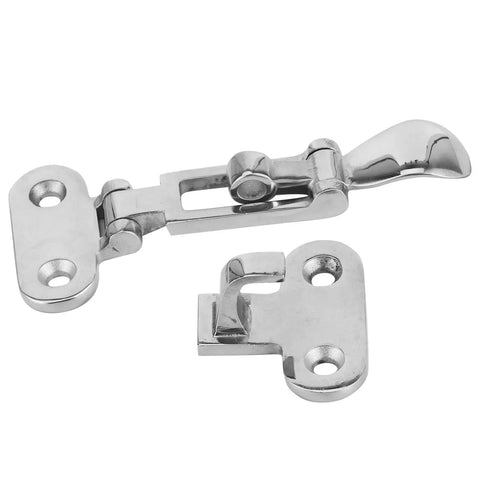 Rugged 316 Stainless Steel Toggle Clamp And Anti Rattle Hasp Latch For Marine Boats Yachts Rust Proof Workhorse That Handles Saltwater Storms No Sweat, shown from above, polished finish, size 1.97 by 4.45 in.