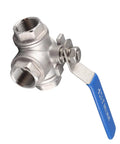 Top Shelf Three Way Stainless Steel Ball Valve With T Type Design For Plumbing And Gas Lines Built Tough As Nails To Deliver Corrosion Resistant Flow Without Any Drama, showing silver SUS304 valve with blue handle.