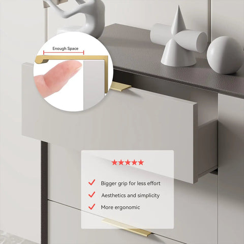 Slick Brushed Brass Finger Pulls For Kitchen Cabinets 10 Pack 10 Inch Center Heavy Duty Aluminum Handle shown on drawer with finger grip.