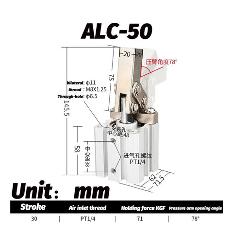 Top Shelf Pneumatic Clamp Cylinder Featuring Robust Leverage Rocker Arm Design dimensions and specifications diagram for industrial use.