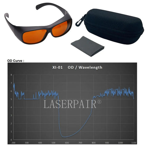 Professional Grade Kickass Laser Safety Glasses With Hella Od5 Plus Eye Defense Across One Hundred Ninety To Eleven Hundred Nanometer Wavelength Range For Spa Studios And Beauty Clinics In Classic Orange Lens with case and cleaning cloth.