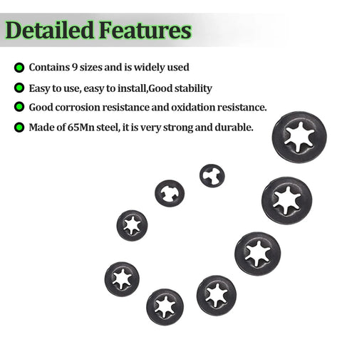 Ruipaba internal-tooth star lock washers assortment in nine sizes, black steel, front view