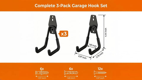 Top Shelf Garage Wall Hooks 3 Pack Heavy Duty Steel Square Storage Rack Built Like A Tank To Hang Your Bikes And Yard Gear Without Any Stress Or Extra Work Today set with dimensions displayed.