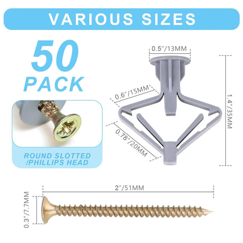 Hollow Wall Anchors And Screws Kit With 50 Butterfly Expansion Plugs And 50 Screws Self Drilling Drywall Anchors Supports Up To 65 Lbs