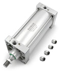 Bombproof Pneumatic Air Cylinder Featuring 4 Inch Bore And 13.78 Inch Stroke Double Acting Single Rod SC100x350 with fittings.