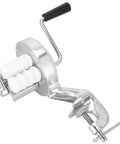 Stainless Steel Hand Pressed Macaroni Machine For Fresh Homemade Pasta With Slick Ergonomic Handles and No Sweat Manual Noodle Press For Busy Household Kitchens, showcasing crank and clamps.