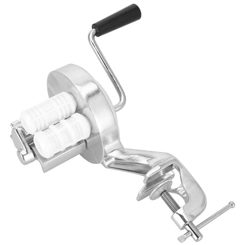 Stainless Steel Hand Pressed Macaroni Machine For Fresh Homemade Pasta With Slick Ergonomic Handles and No Sweat Manual Noodle Press For Busy Household Kitchens, showcasing crank and clamps.