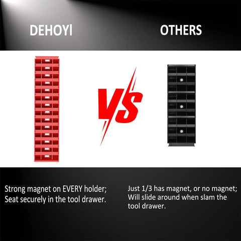 Comparison between Dehoyi red magnetic modular wrench organizer set and a black competitor in a tool drawer.