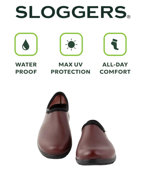Mens Heavy Duty Waterproof Slip On Shoes For Outdoor Work And Garden Rain Featuring A Built Tough Comfort Support Insole With Durable Leather Print Upper For A Good As Gold Ride - front view, brown slip-on design.
