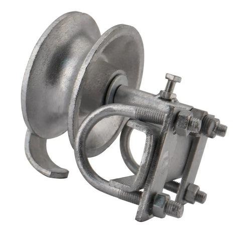 Rock Solid 5 Inch Pipe Track Wheel Rollers For Chain Link Fence Gate Track Galvanized Steel Sliding Gate Replacement Parts Double U Shape, close-up detail.