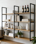 Rock Solid Four Tier Wall Shelf Brackets Black Wrought Iron Floating Support Set With Screws No Sweat Mount Go To Storage Hardware For Living Room Office, showcasing books and decor.
