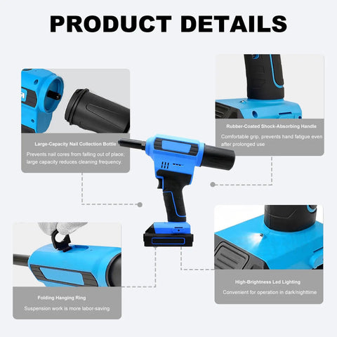 No Sweat Heavy Duty Cordless Electric Rivet Gun Featuring Brushless Motor And Reliable Battery For Quiet Operation, showing key features.