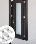 360 Degree Hidden Pivot Door Hinge Set, 4 stainless steel cabinet hinges shown on a dark framed glass door in a modern setting