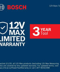 Warranty information for 12V Max products including 3-year tool warranty details from Bosch.