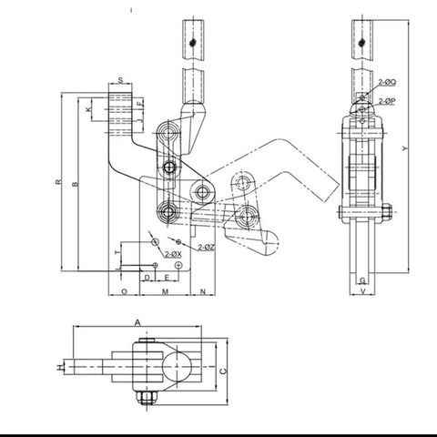 Technical drawing of Heavy Duty Quick Release Toggle Clamp With Fast Release Action High Carbon Steel Construction