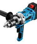 Close-up of No Fuss 2 In 1 Cordless Drill And Mixer Boasts A Slick 180 Degree Swivel Handle And Snappy 2 Speed Torque For Easy Mortar Grout Mixing Or Rugged Wood Drilling Jobs In Bright Blue.