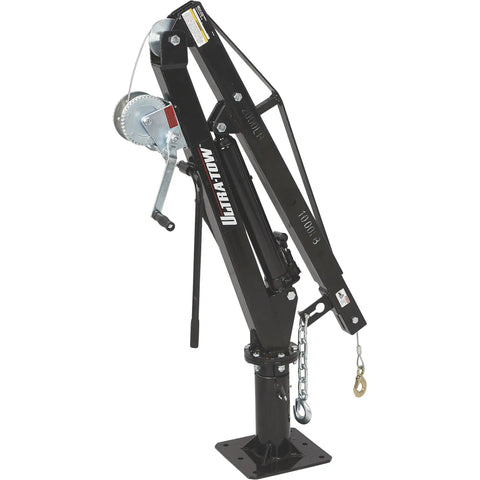 Beast Mode Hydraulic Pickup Truck Crane With 360 Degree Pivot And Integrated Hand Winch Built Legit For Up To Two Thousand Pound Vehicle Load Towing, black steel arm and winch.