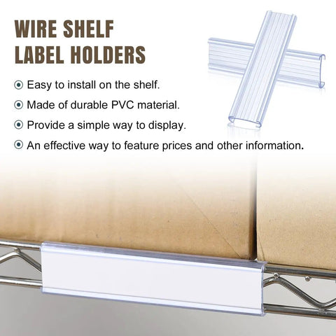 Twenty Piece Plastic Wire Shelf Label Holders Fit Like A Champ On Metro And Nexel One Quarter Inch Racks, clear PVC label holder for easy price display.