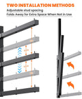 Diagram showing two installation methods for Heavy-Duty Wall Mounted Lumber Rack, adjustable stud spacing and foldable design.