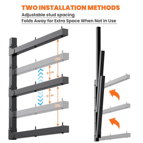 Diagram showing two installation methods for Heavy-Duty Wall Mounted Lumber Rack, adjustable stud spacing and foldable design.