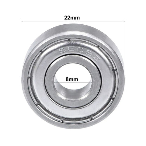 5 Pack Stainless Steel S608ZZ Ball Bearings 8mm Id 22mm Od 7mm Thick Double Shielded showing inner and outer diameter.