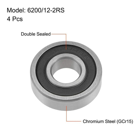 Heavy Duty 6200-12-2RS Deep Groove Ball Bearings 12mm X 30mm X 9mm, double sealed, chrome steel GCr15, pack of 4.