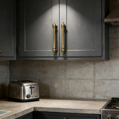 Heavy Duty Vintage Antique Brass Cabinet Pulls Ten Pack With Five Inch Hole Spacing on dark kitchen cabinets.
