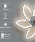 Close-up of flower shade Low Profile Ceiling Fan With Lights That Do It All Modern Dimmable Light Fan with controls icons visible