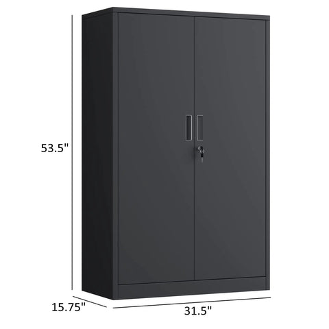 Badass Metal Storage Cabinet With Locking Doors And Three Adjustable Shelves 53 Inch Tall Lockable Steel Cupboard For Garage Home Office Or Pantry Use Black Finish side view showing dimensions.