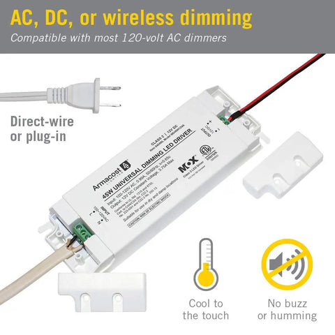 45-Watt Universal Dimmable 12V DC LED Driver with Triac, showing plug-in and direct-wire options
