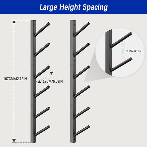 Get Your Shred Stacks Right With This Rad 6 Tier Skateboard Wall Mount Rack showing Large Height Spacing and dimensions.