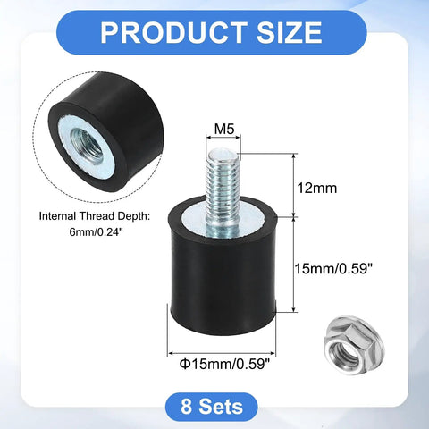 Kick That Stubborn Shake Right To The Curb With Heavy Duty M5 Rubber Anti Vibration Isolator Mounts featuring dimensions and zinc nut.
