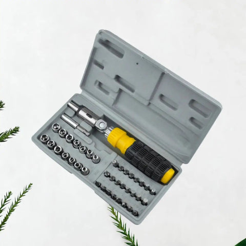 Badass 41-Piece Mini Socket Wrench Set in Hardened Vanadium Steel with Reversible Ratchet and Non-Slip Grip Perfect for Auto Repair and Mechanic Jobs Portable Design shown in organized case with tools.