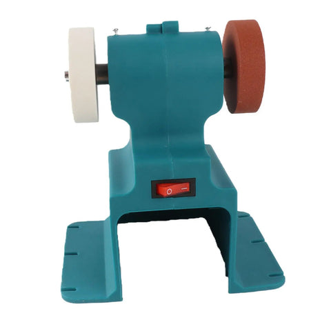 Hardcore Mini Bench Grinder Featuring A Rock Solid Mount Base That Zeroes Out Vibration Smooth Cordless Polisher And Sander Plays Nice With Standard 18V Batteries For Weekend Warriors in teal color with white and brown polishing wheels.