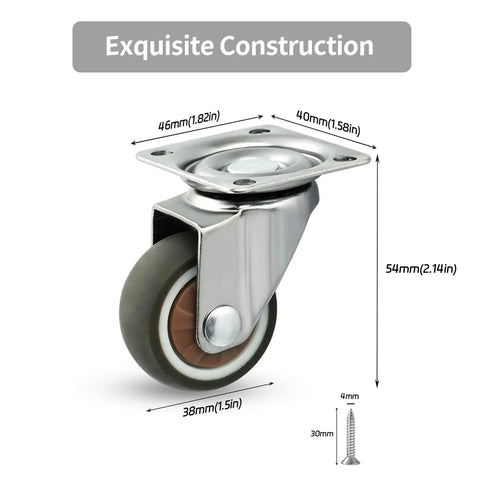 Industrial Grade Swivel Caster Wheels With Locking Brakes And Full Mounting Kit For Quick Cart Assembly and Hella Smooth Shop Equipment Rides That Never Quit, 1.5 inch size, polyurethane material.