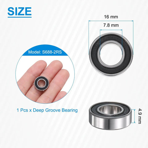 Smooth As Butter S688 Minus Two RS Deep Groove Miniature Ball Bearing For Precision Baitcasting Reel Setup shown in hand, measures 7.8x16x4.9mm.