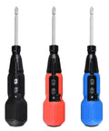 Slick Cordless Electric Screwdriver With Built In Led Light in black, red, and blue; compact design for quick repairs.
