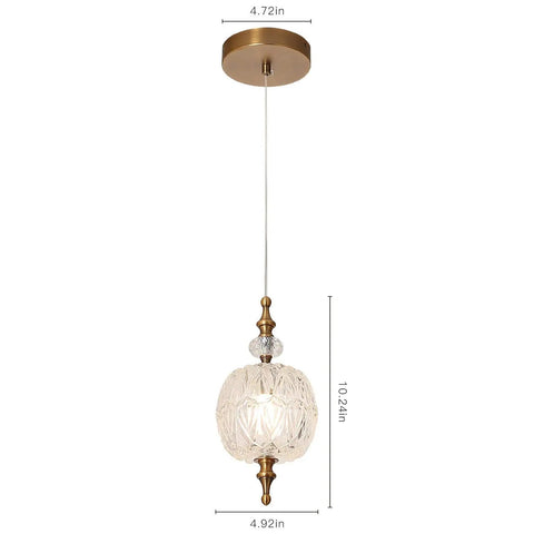 Antique Delicate Glass Pendant Light With Decorative Pattern, Adjustable Mini Ceiling Fixture For Kitchen Island And Dining Room, Brass Hardwired Design, Sloped Ceiling Compatible, Easy Install, 4.9 Inch, with brass finish and glass shade with measurements.