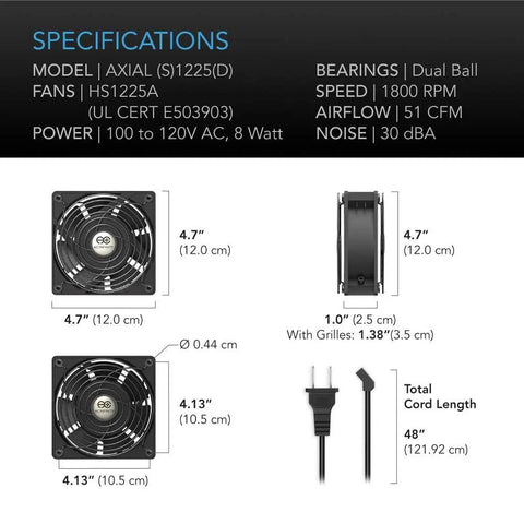 Dimensions and specifications of 120mm Muffin Fan With Speed Controller For Doorways And Room To Room Air Circulation UL Certified Quiet Performance For Wood Stoves And Fireplaces And Other Circulation Projects.