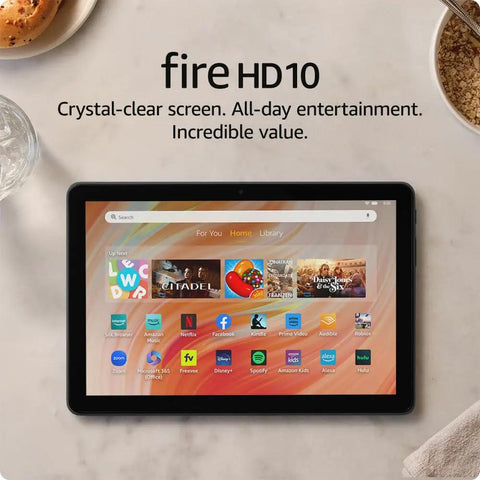 Top Shelf Ten Point One Inch Tablet With A Dope Full Hd Display And Snappy Octa Core Processor Packing Four Gb Ram And Thirty Two Gb Storage To Smash Streaming Marathons Heavy Gaming And Daily Tasks Without Lag On All Day Battery Life In Classic Black, displayed on a marble surface.