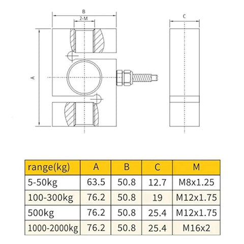 Technical diagram of Rugged S Shape Tension And Compression Load Cell 5kg To 5t Alloy Steel Sensor IP66 for crane hopper control