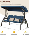 Three-Seat Outdoor Porch Swing With Adjustable Canopy And Stand, 800-Lb Capacity, shown with dimensions and blue frame