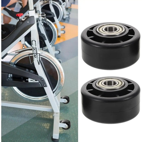 Universal Replacement Wheel Bearing Rollers For Treadmills And Exercise Bikes Heavy Duty Glide Casters seen on exercise bike with black rollers.