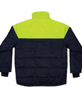 Heavy Duty Insulated Freezer Jacket Tailored To Brutal Cold Storage Jobs with a navy and high visibility yellow design, back view.
