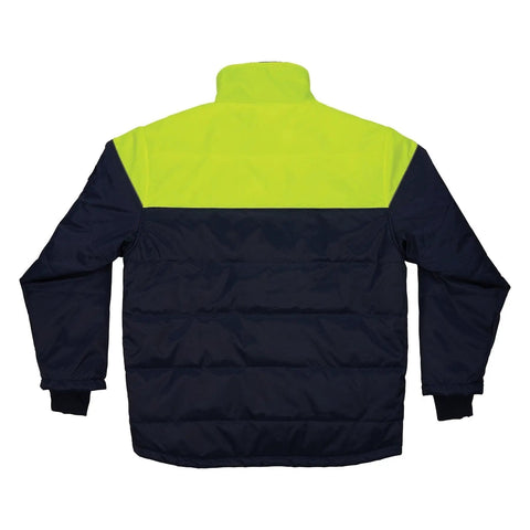 Heavy Duty Insulated Freezer Jacket Tailored To Brutal Cold Storage Jobs with a navy and high visibility yellow design, back view.